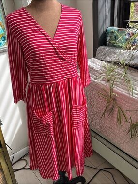 Women's Red & White Striped Midi Dress